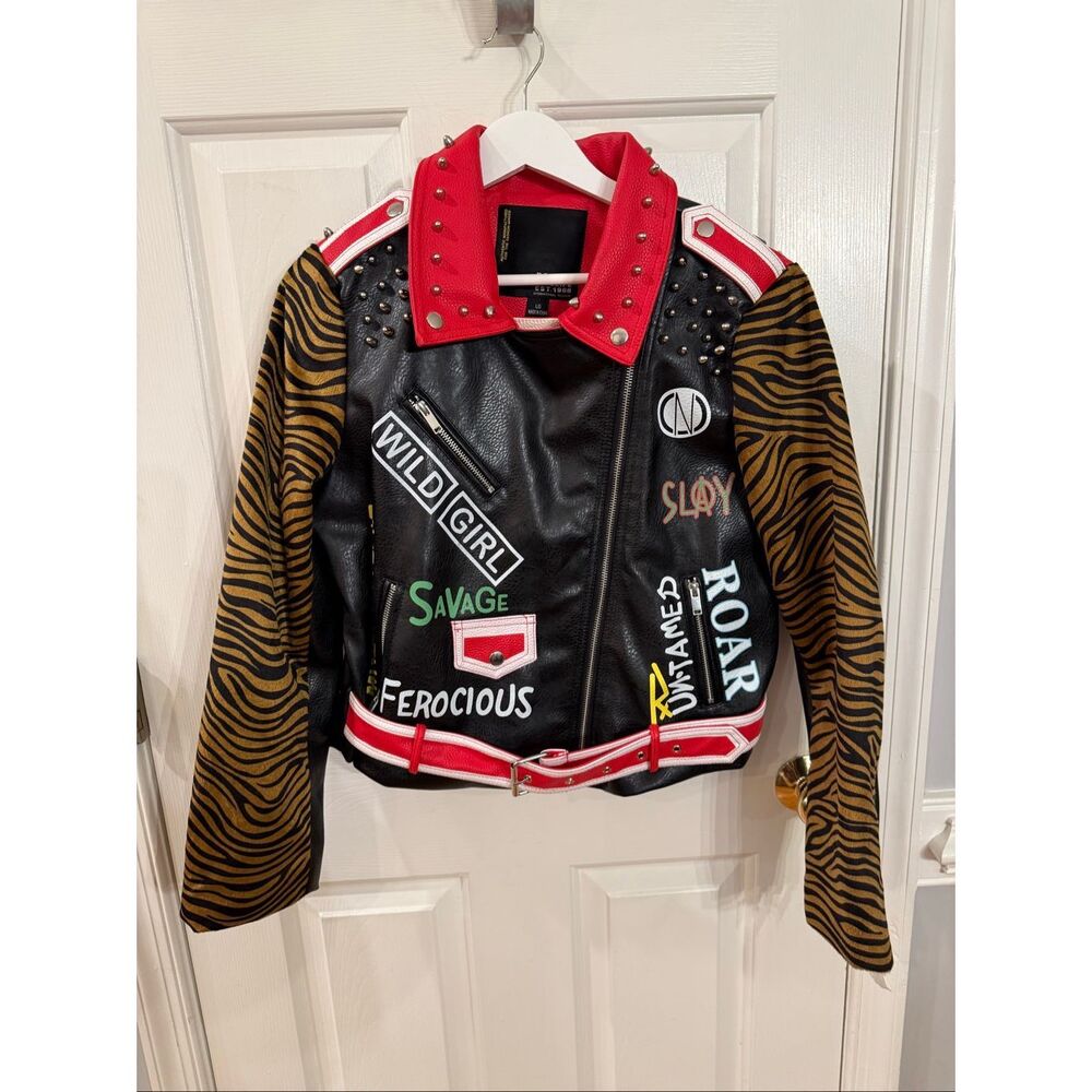 Robert Phillipe Wild Girl Studded Tiger Back Faux Leather Moto Jacket sz L NWOT
